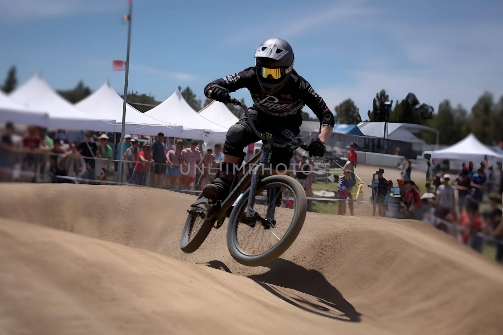 Extreme sport BMX racing at daytime. Neural network generated in May 2023. Not based on any actual person, scene or pattern.