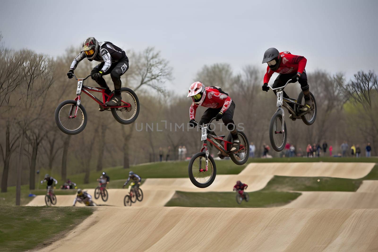 Extreme sport BMX racing at daytime. Neural network generated in May 2023. Not based on any actual person, scene or pattern.