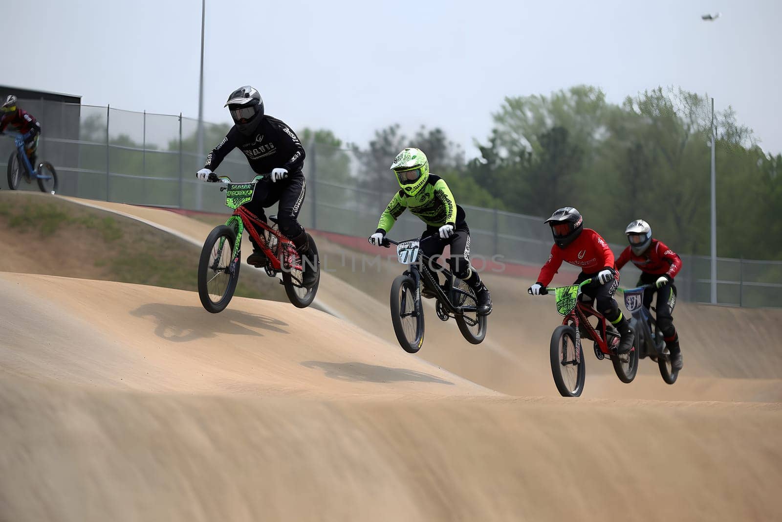 Extreme sport BMX racing at daytime. Neural network generated in May 2023. Not based on any actual person, scene or pattern.