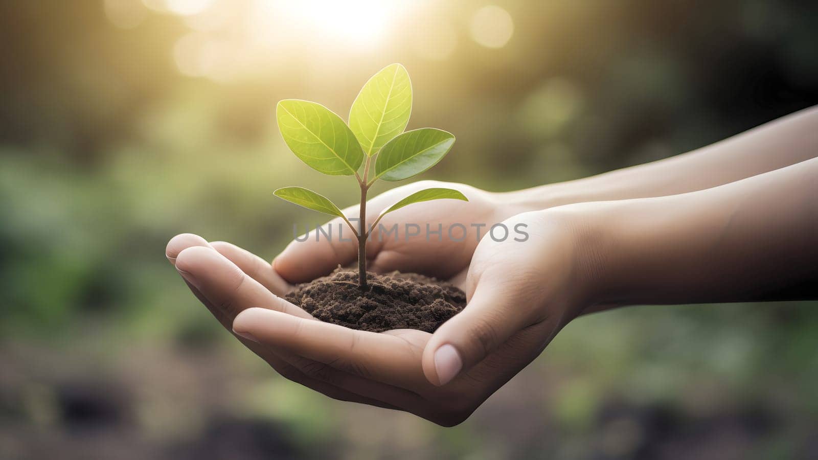 hands holding soil with green sprout, finance, new business start-up concept. Neural network generated in May 2023. Not based on any actual person, scene or pattern.
