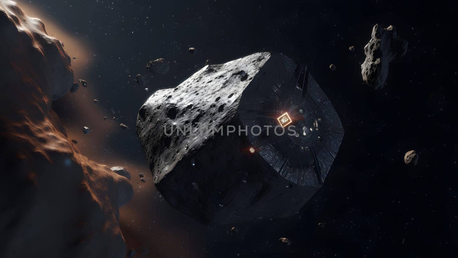 Asteroid mining in open space. Neural network generated in May 2023. Not based on any actual person, scene or pattern.