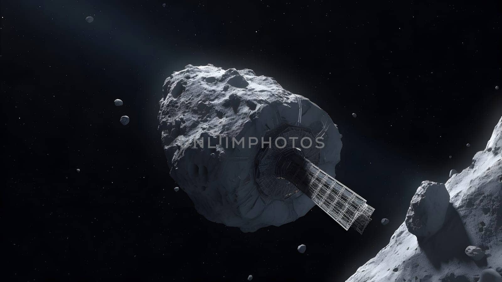 Asteroid mining in open space. Neural network generated in May 2023. Not based on any actual person, scene or pattern.