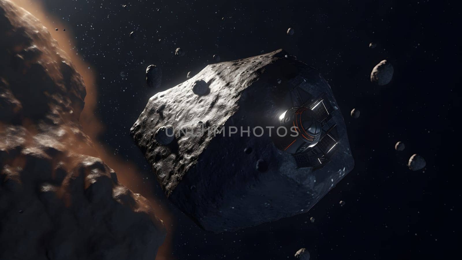 Asteroid mining in open space. Neural network generated in May 2023. Not based on any actual person, scene or pattern.