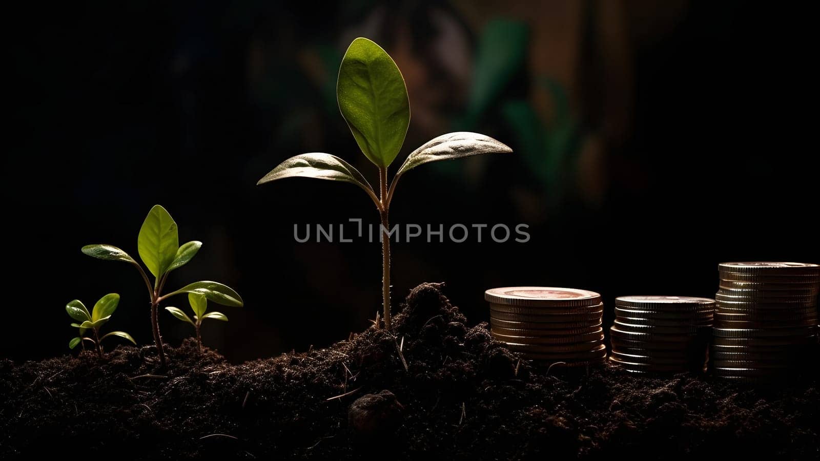 plant and money growing up on stacks of coins. Neural network generated in May 2023. Not based on any actual person, scene or pattern.