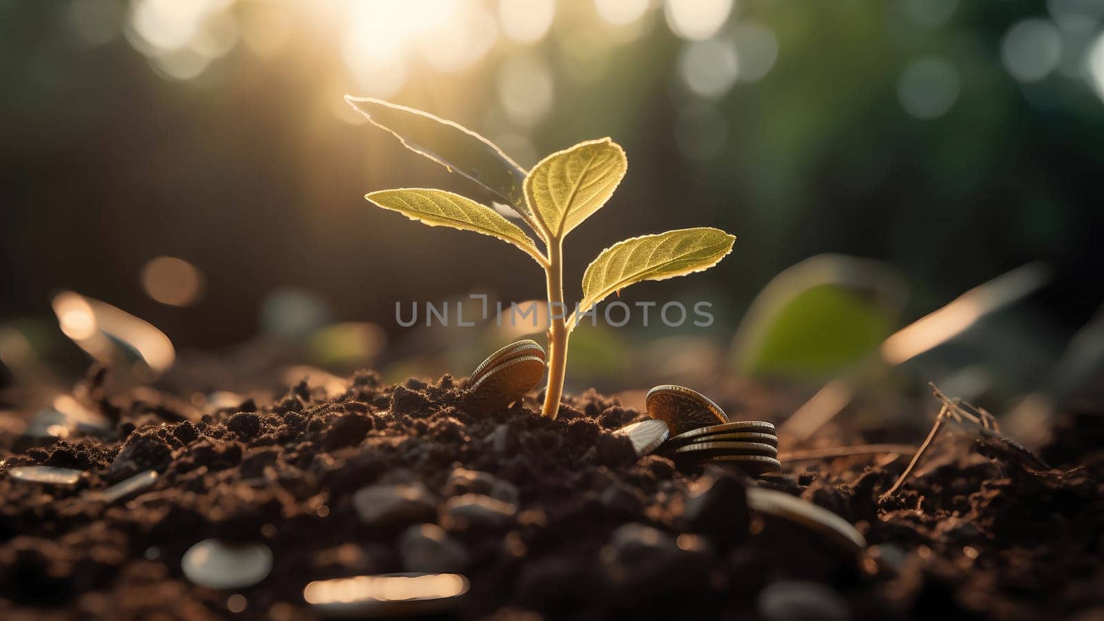 plant and money growing up on stacks of coins. Neural network generated in May 2023. Not based on any actual person, scene or pattern.