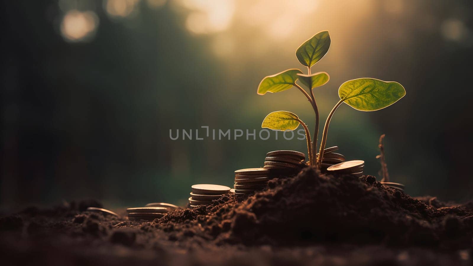 plant and money growing up on stacks of coins. Neural network generated in May 2023. Not based on any actual person, scene or pattern.