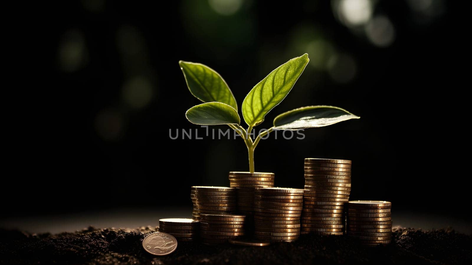 plant and money growing up on stacks of coins. Neural network generated in May 2023. Not based on any actual person, scene or pattern.