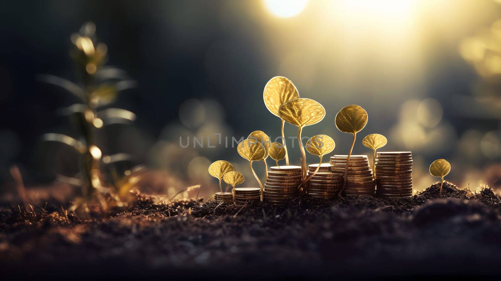 plant and money growing up on stacks of coins. Neural network generated in May 2023. Not based on any actual person, scene or pattern.