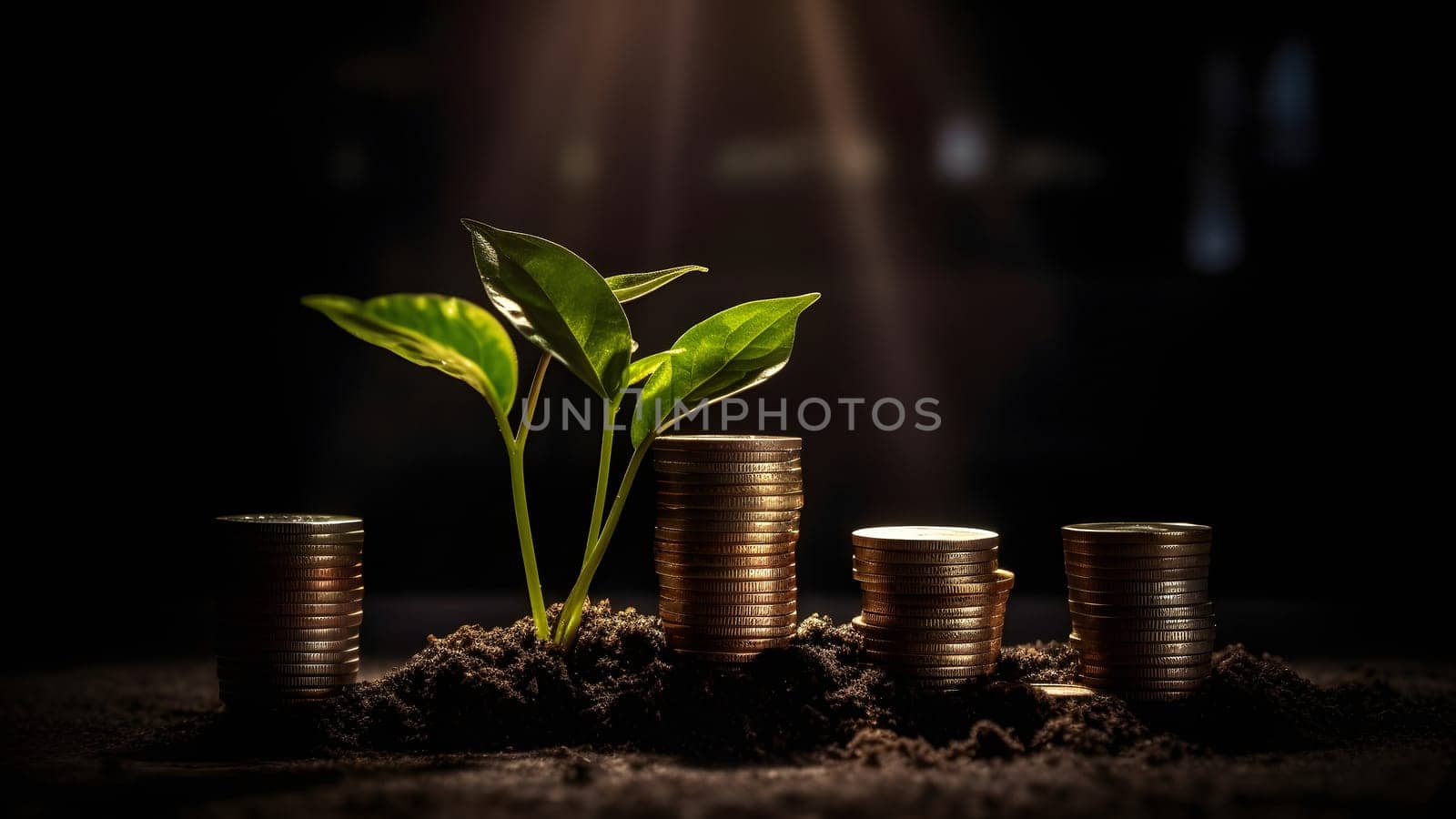 plant and money growing up on stacks of coins. Neural network generated in May 2023. Not based on any actual person, scene or pattern.