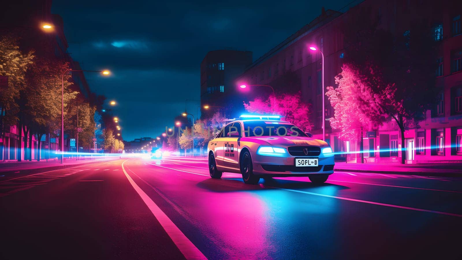 police car on a road at night in violet colors. Neural network generated in May 2023. Not based on any actual person, scene or pattern.