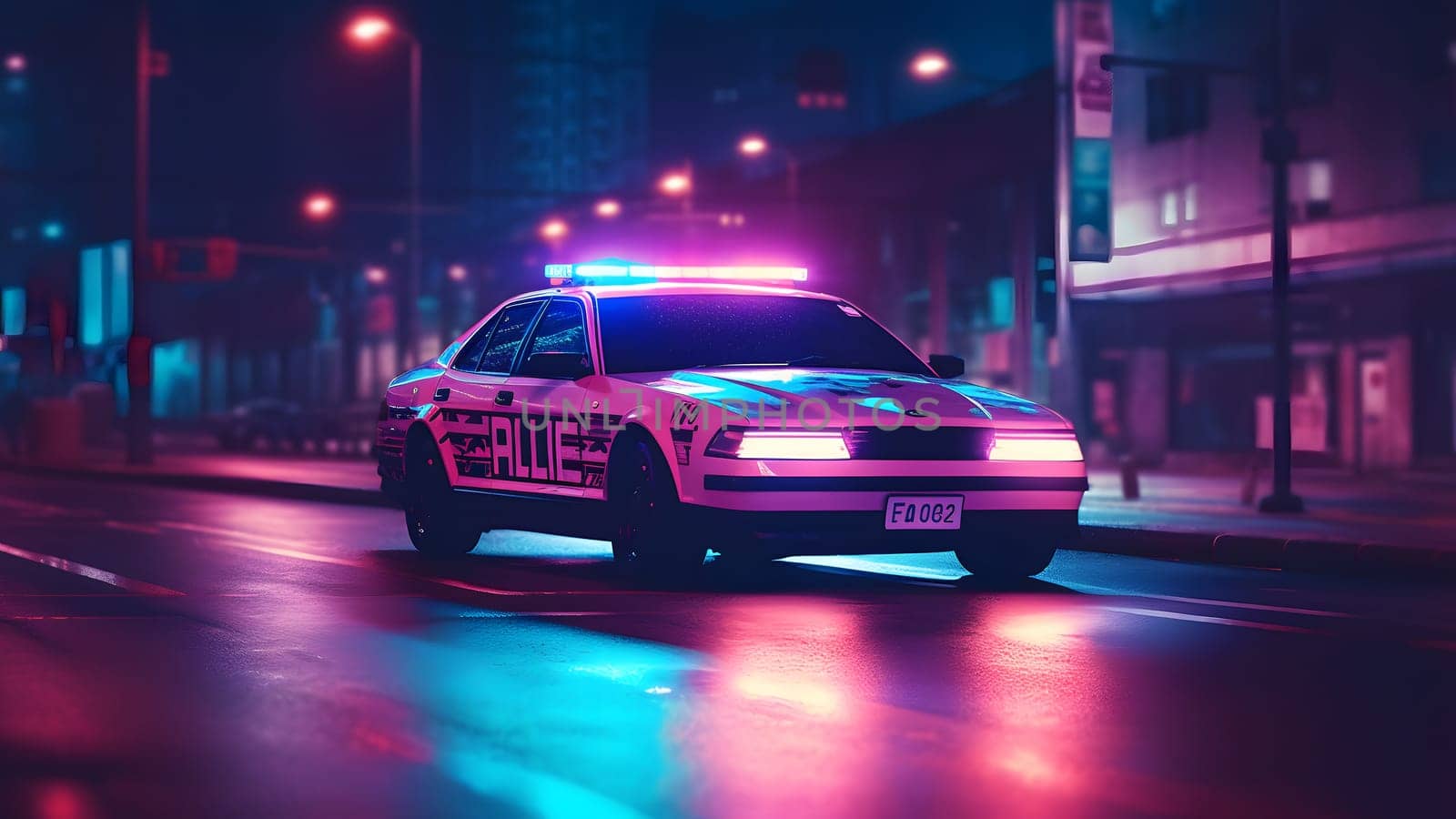 police car on a road at night in violet colors. Neural network generated in May 2023. Not based on any actual person, scene or pattern.