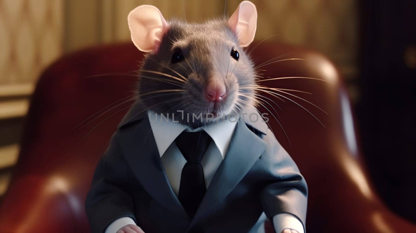 rat as president wearing costume and sitting in president chair. Neural network generated in May 2023. Not based on any actual person, scene or pattern.