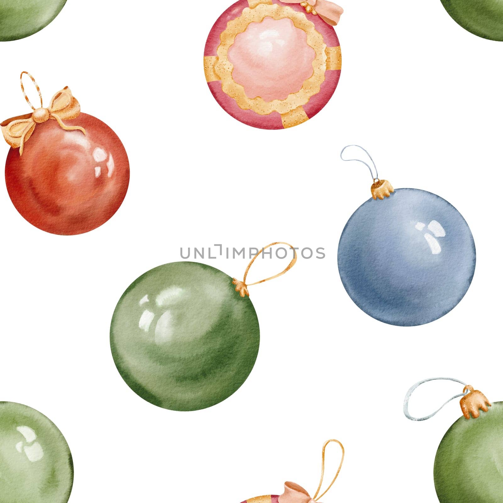 Seamless pattern of christmas balls hand made insolated watercolor illustration. winter season. decorative background for pine tree, greeting card, bauble decorations, books. New Year holiday circle by Art_Mari_Ka