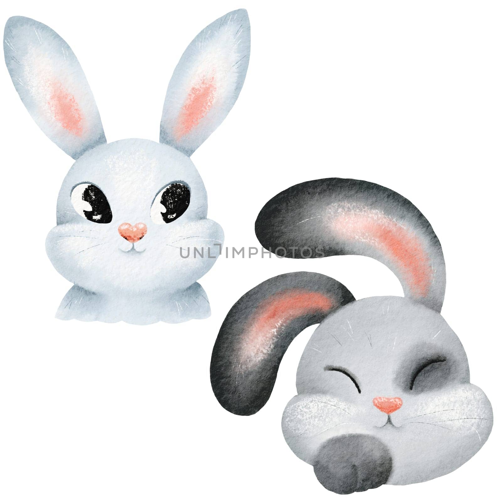 Bunny and rabbit watercolor set. Hand drawn bunnies and rabbits in different color. hare illustration element. Cute characters for easter, Christmas, valentines day, birthday. for postcards, textile by Art_Mari_Ka