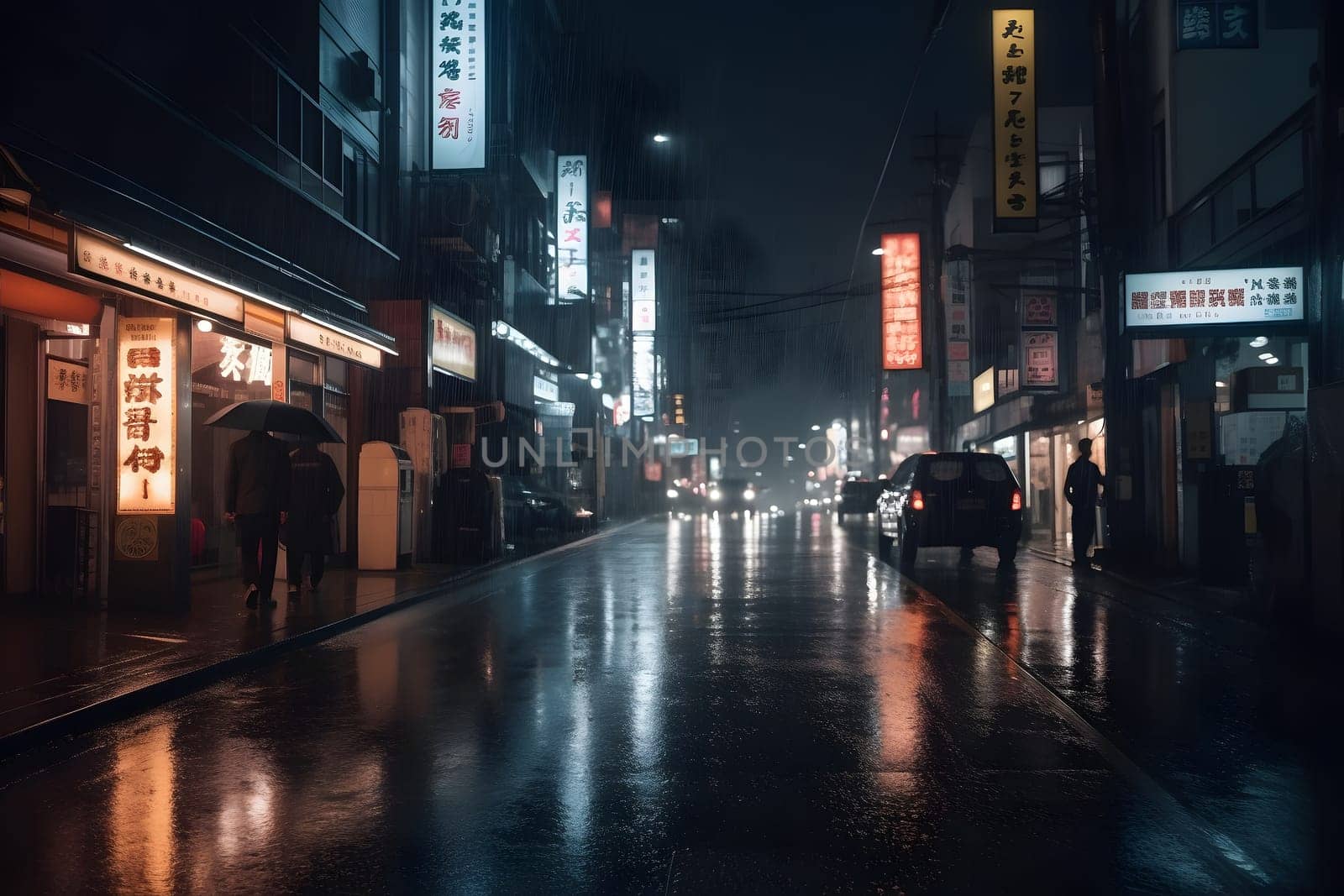Tokyo streets at rainy night. Neural network generated in May 2023. Not based on any actual person, scene or pattern.