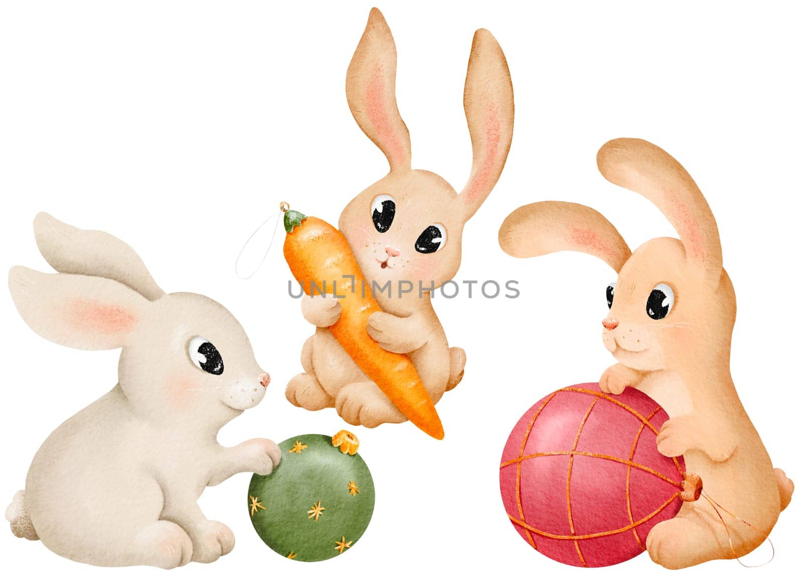 Bunny and rabbit with Christmas toys watercolor set. Hand drawn animals in different color. hare illustration element. Cute characters for Christmas, New Year. for postcards, textile, wrapping by Art_Mari_Ka