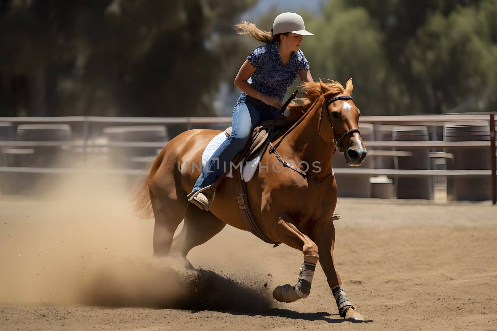 women horse barrel racing. Neural network generated in May 2023. Not based on any actual person, scene or pattern.