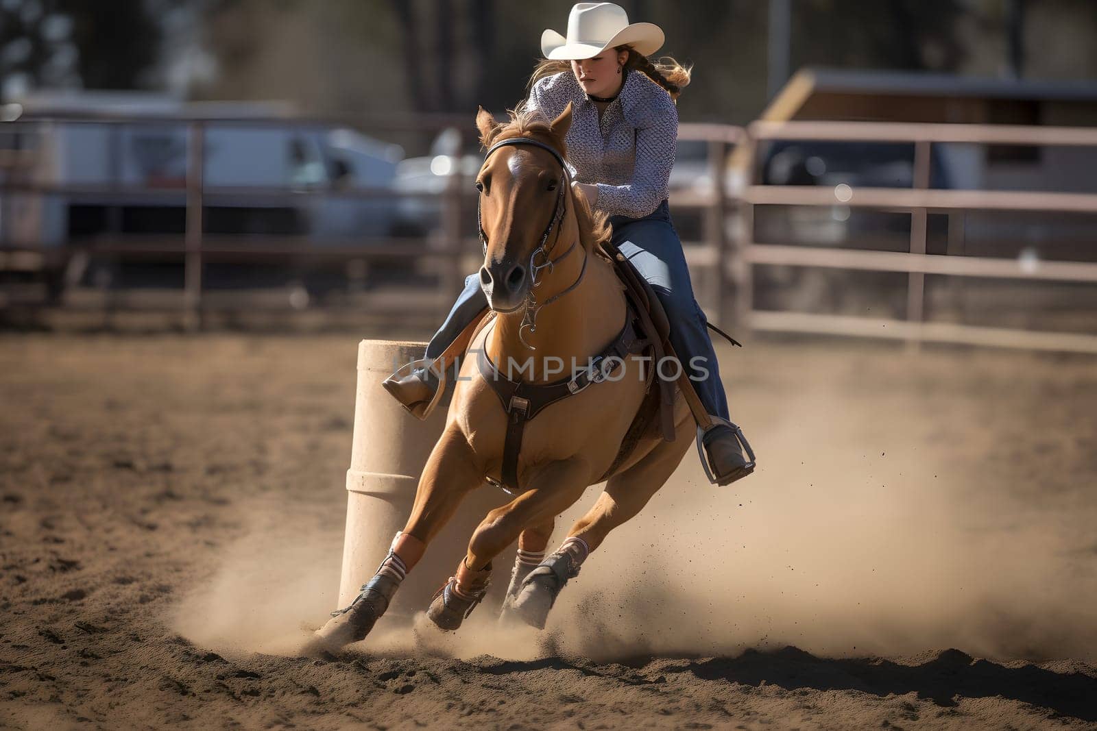 women horse barrel racing. Neural network generated in May 2023. Not based on any actual person, scene or pattern.