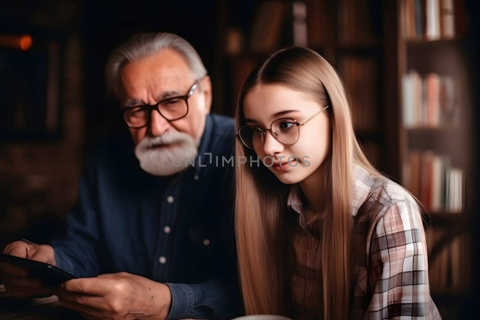 Adult caucasian daughter visiting her senior father at home and using tablet pc. Neural network generated in May 2023. Not based on any actual person, scene or pattern.