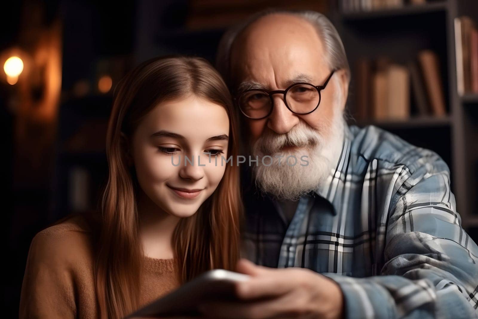 Adult caucasian daughter visiting her senior father at home and using tablet pc. Neural network generated in May 2023. Not based on any actual person, scene or pattern.