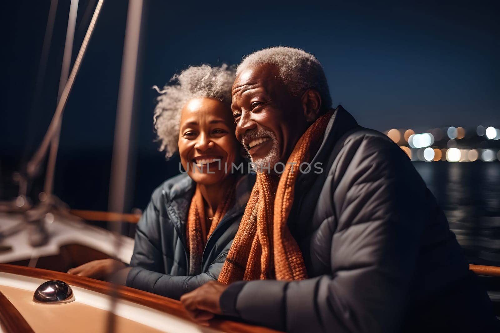 Beautiful and happy senior african american couple on a sailboat at night. Neural network generated in May 2023. Not based on any actual person, scene or pattern.