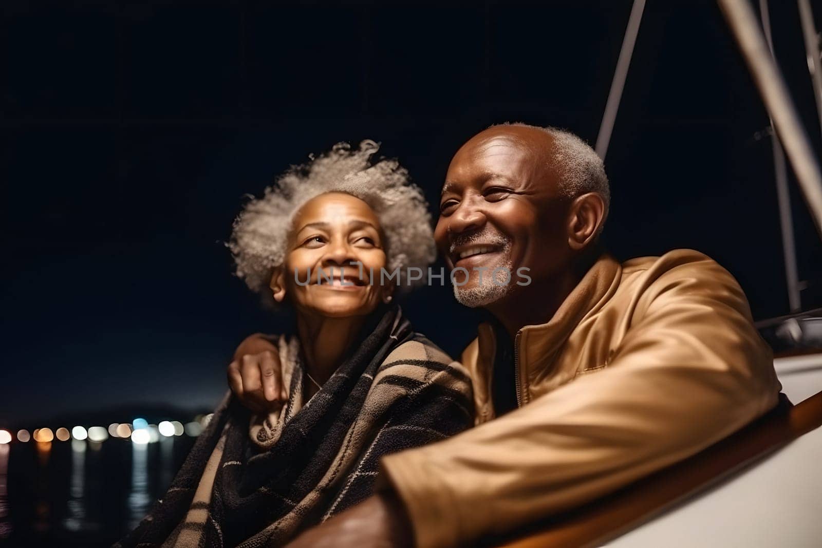 Beautiful and happy senior african american couple on a sailboat at night. Neural network generated in May 2023. Not based on any actual person, scene or pattern.