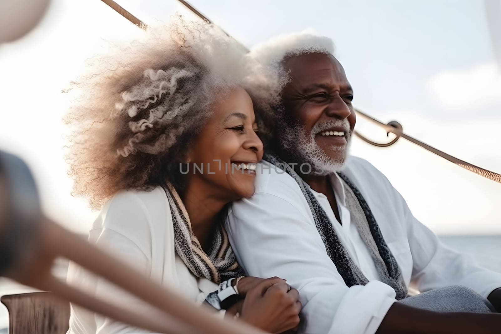 Beautiful and happy senior african american couple on a sailboat at day, neural network generated image by z1b