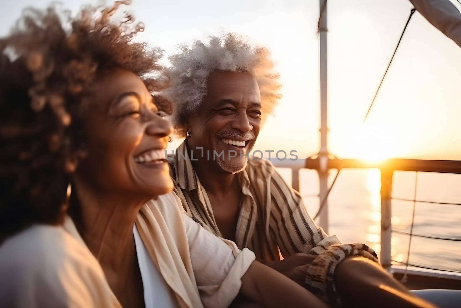 Beautiful and happy senior african american couple on a sailboat at sunset or sunrise, neural network generated image by z1b