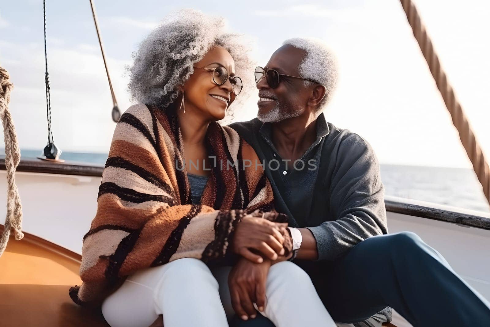 Beautiful and happy senior african american couple on a sailboat at day. Neural network generated in May 2023. Not based on any actual person, scene or pattern.