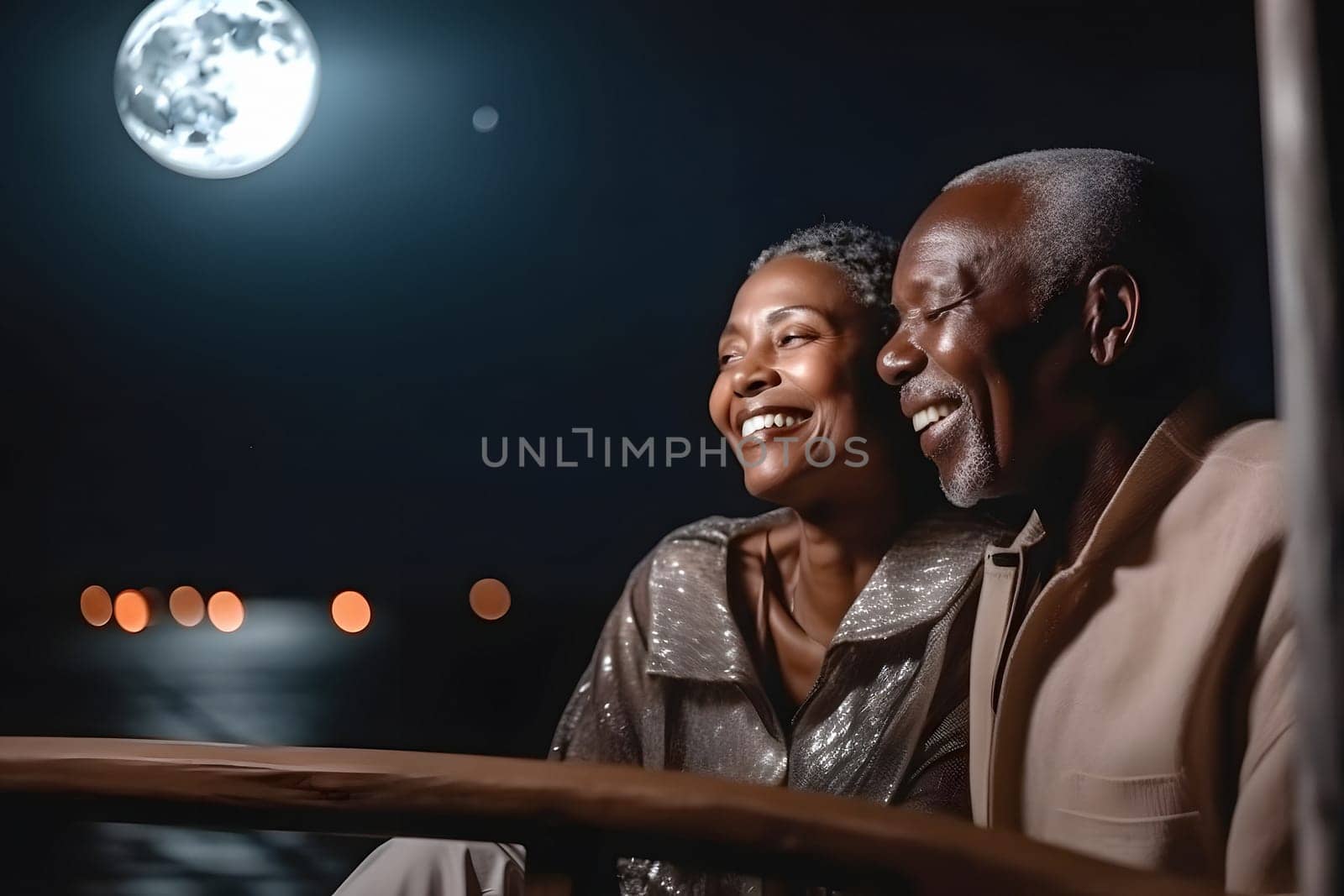 Beautiful and happy senior african american couple on a sailboat at night, neural network generated image by z1b