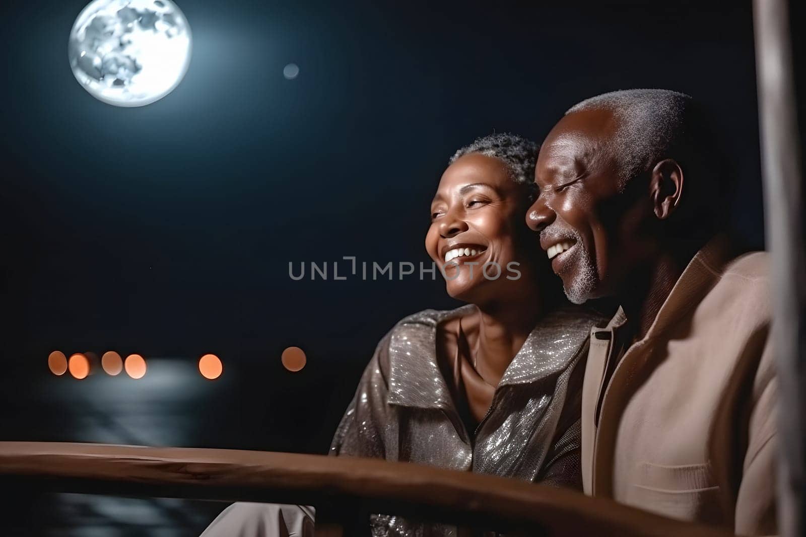 Beautiful and happy senior african american couple on a sailboat at night. Neural network generated in May 2023. Not based on any actual person, scene or pattern.