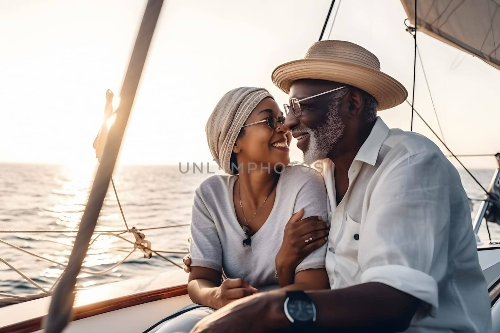 Beautiful and happy senior african american couple on a sailboat at sunset or sunrise, neural network generated image by z1b