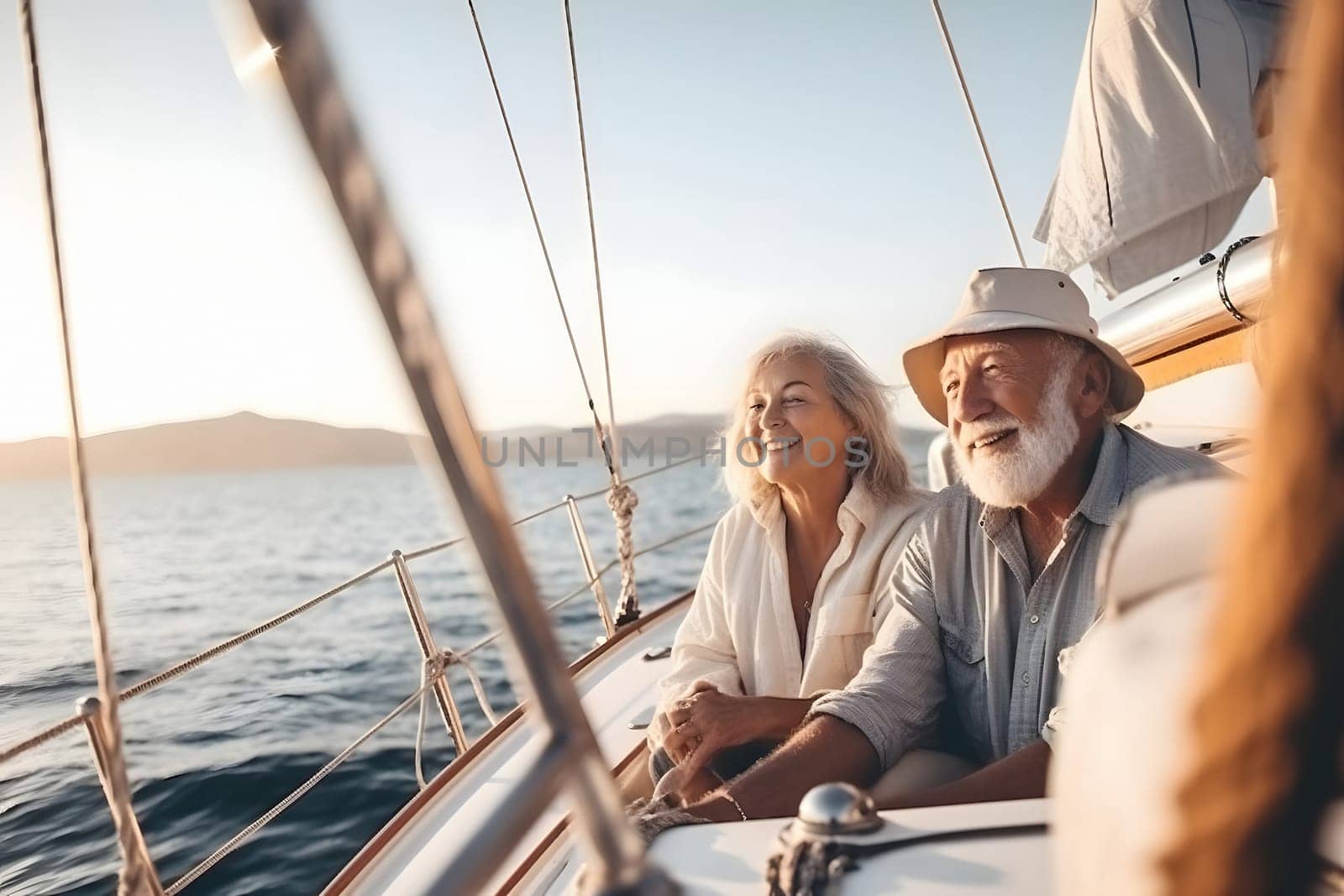 Beautiful and happy senior caucasian couple on a sailboat at sunset or sunrise. Neural network generated in May 2023. Not based on any actual person, scene or pattern.