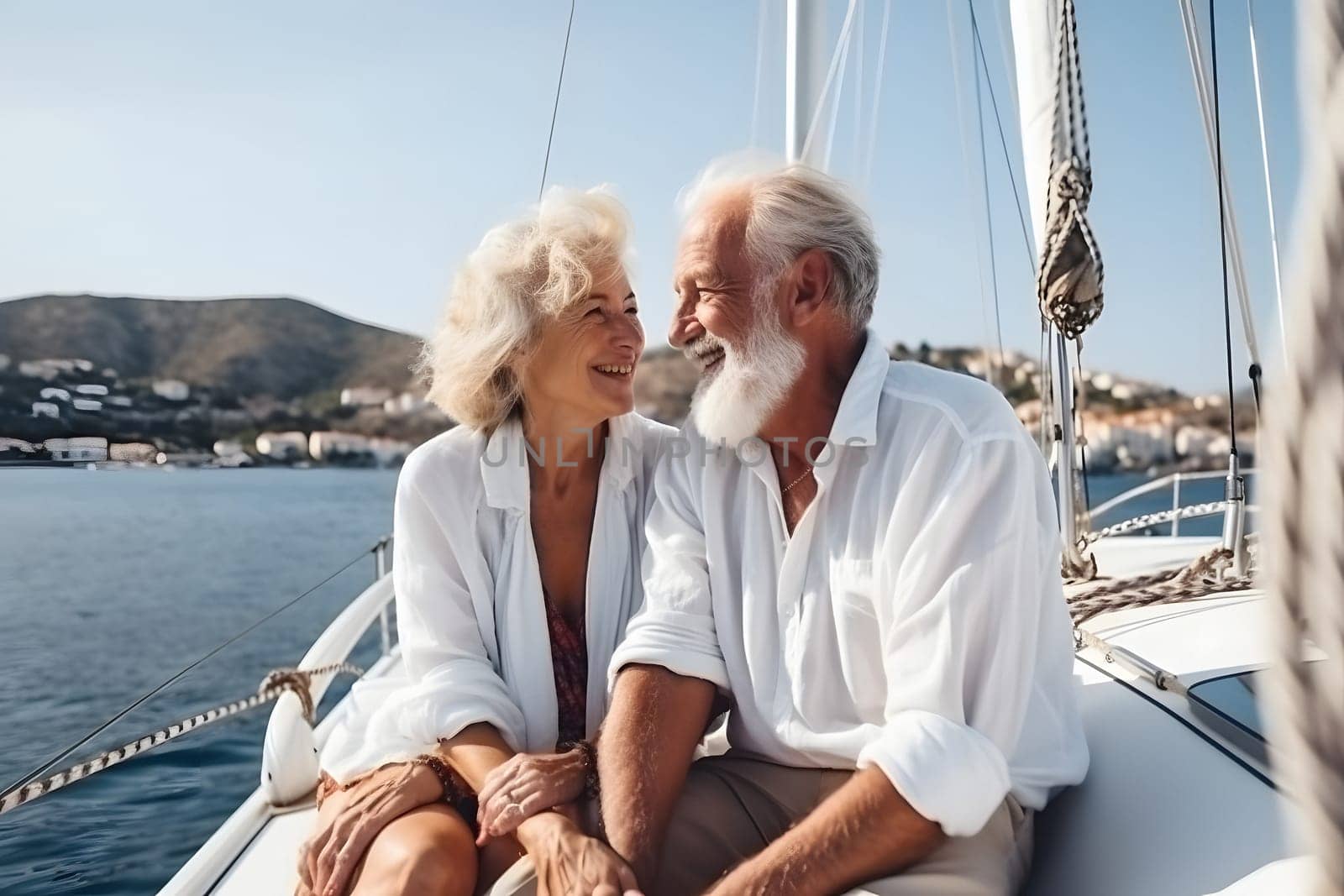 Beautiful and happy senior caucasian couple on a sailboat at sunny day. Neural network generated in May 2023. Not based on any actual person, scene or pattern.