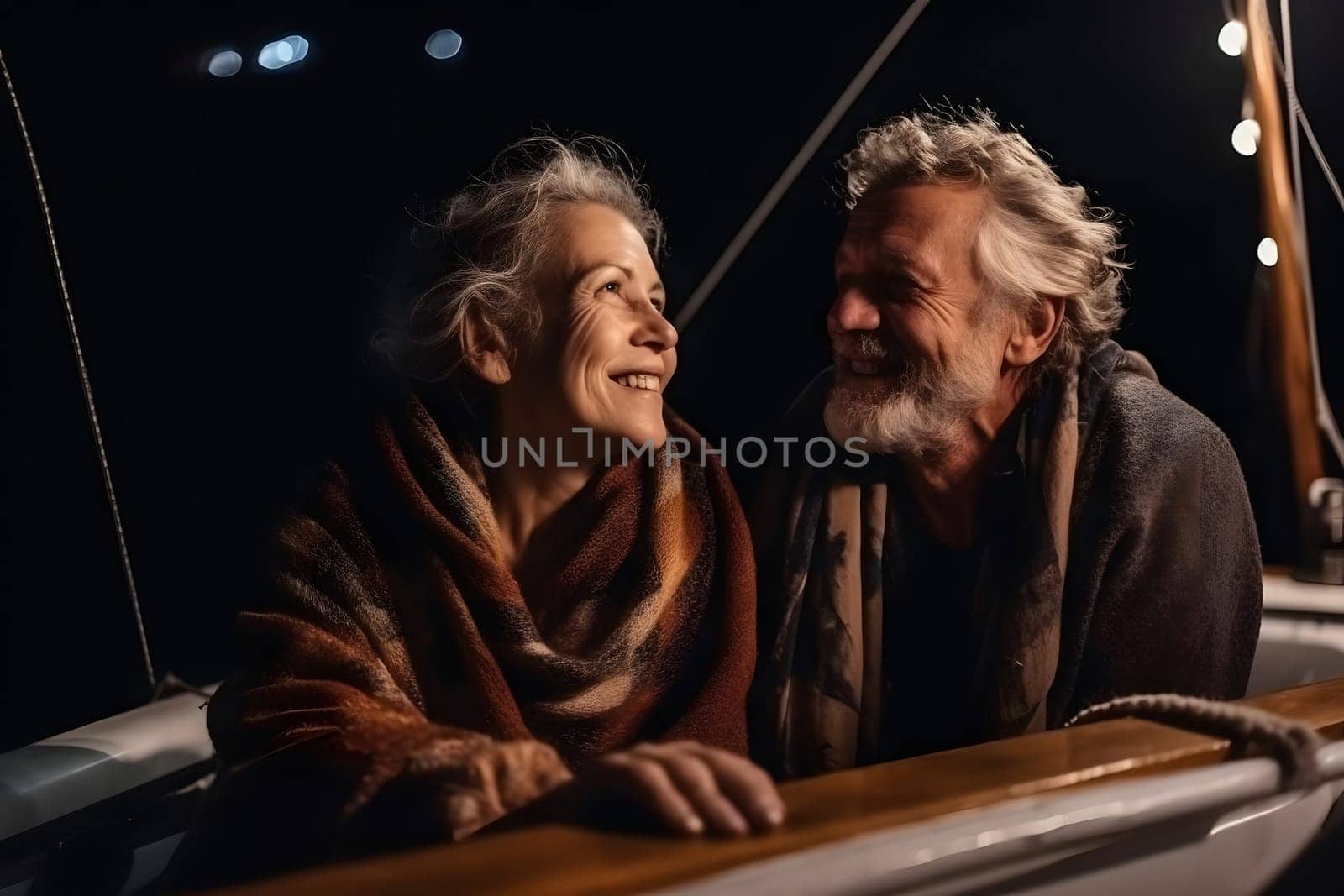 Beautiful and happy senior caucasian couple on a sailboat at night. Neural network generated in May 2023. Not based on any actual person, scene or pattern.