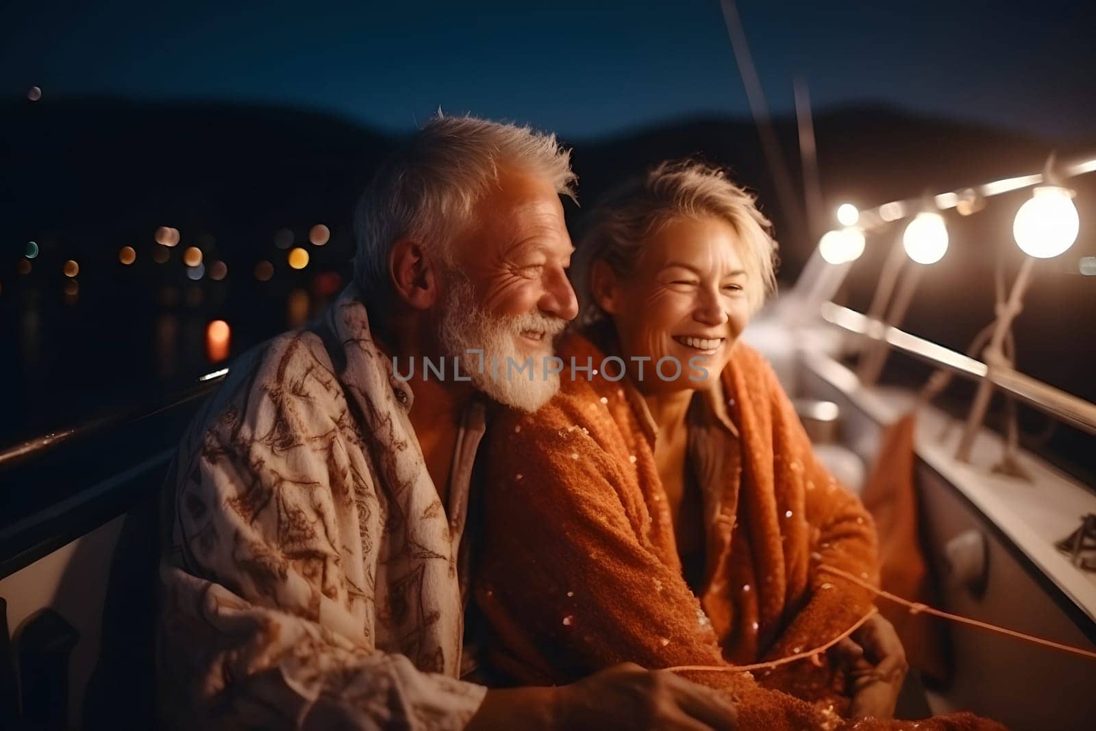 Beautiful and happy senior caucasian couple on a sailboat at night. Neural network generated in May 2023. Not based on any actual person, scene or pattern.