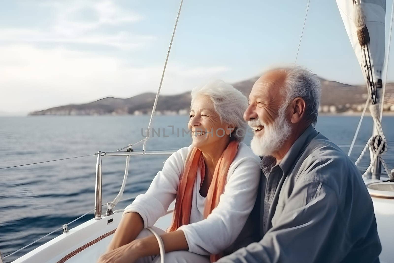 Beautiful and happy senior caucasian couple on a sailboat at sunny day. Neural network generated in May 2023. Not based on any actual person, scene or pattern.