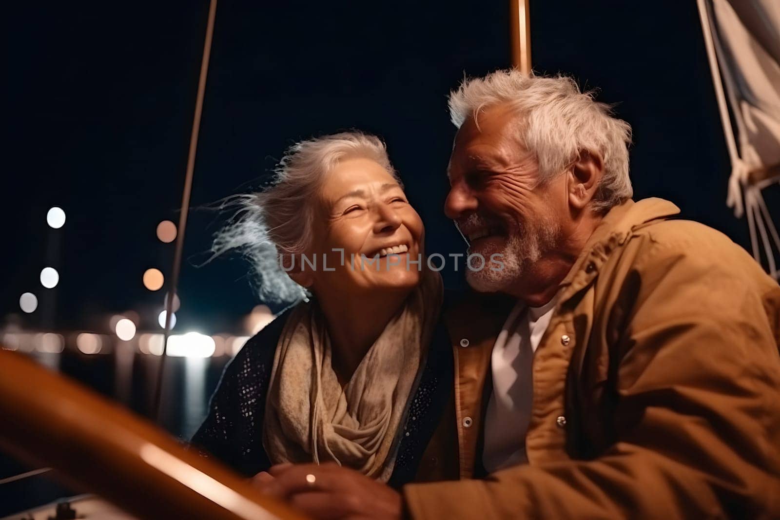 Beautiful and happy senior caucasian couple on a sailboat at night, neural network generated image by z1b