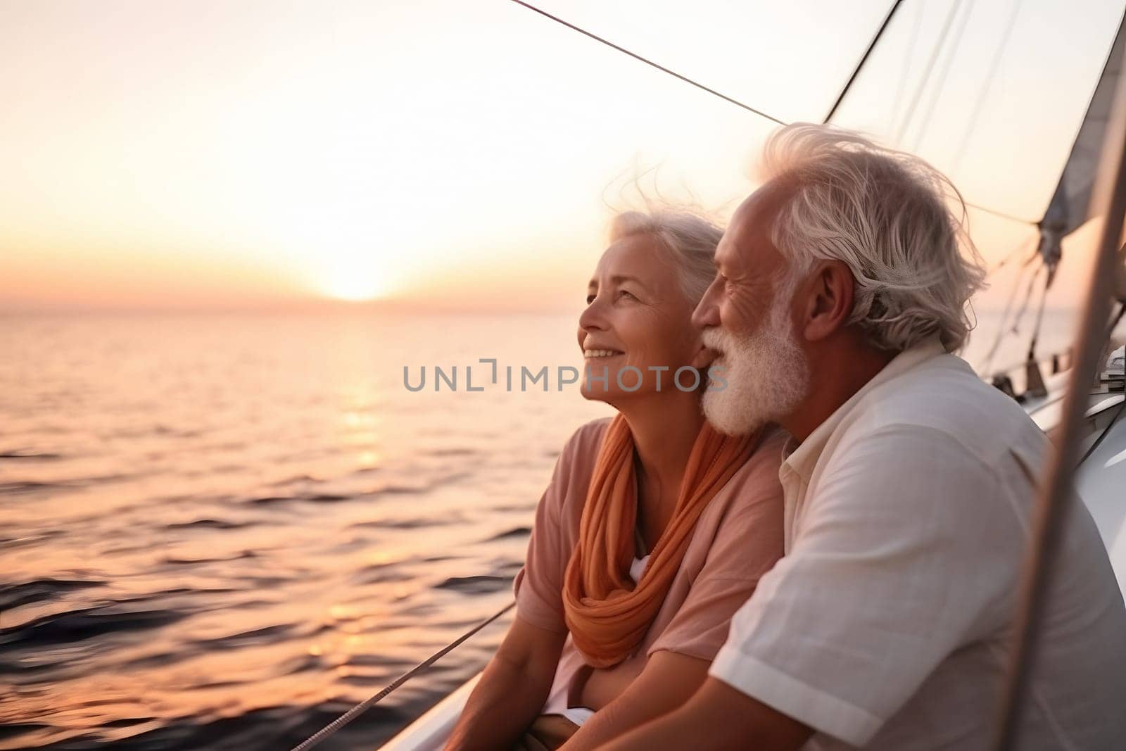 Beautiful and happy senior caucasian couple on a sailboat at sunset or sunrise. Neural network generated in May 2023. Not based on any actual person, scene or pattern.