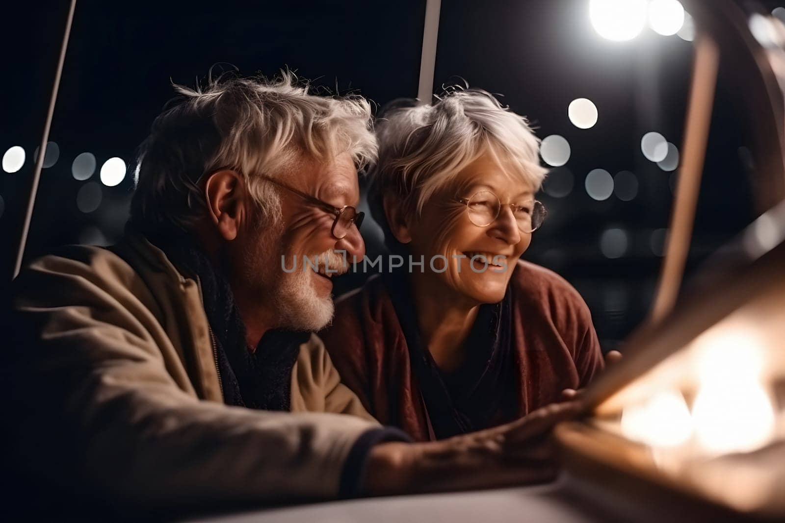 Beautiful and happy senior caucasian couple on a sailboat at night. Neural network generated in May 2023. Not based on any actual person, scene or pattern.