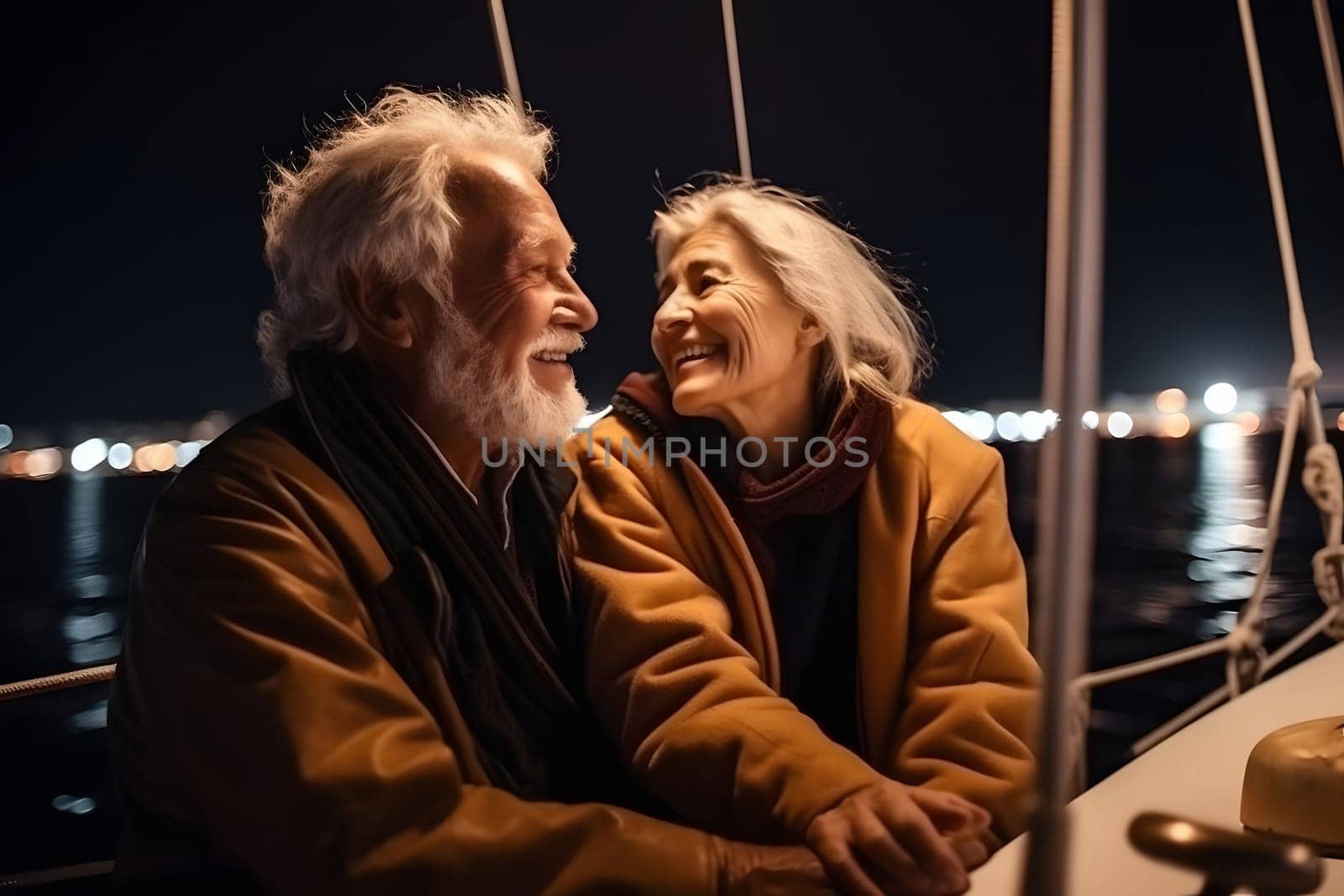 Beautiful and happy senior caucasian couple on a sailboat at night. Neural network generated in May 2023. Not based on any actual person, scene or pattern.