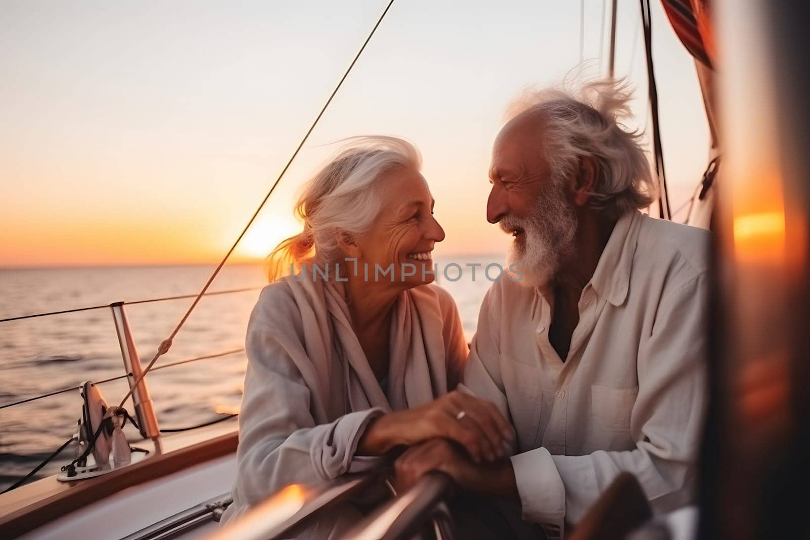 Beautiful and happy senior caucasian couple on a sailboat at sunset or sunrise. Neural network generated in May 2023. Not based on any actual person, scene or pattern.