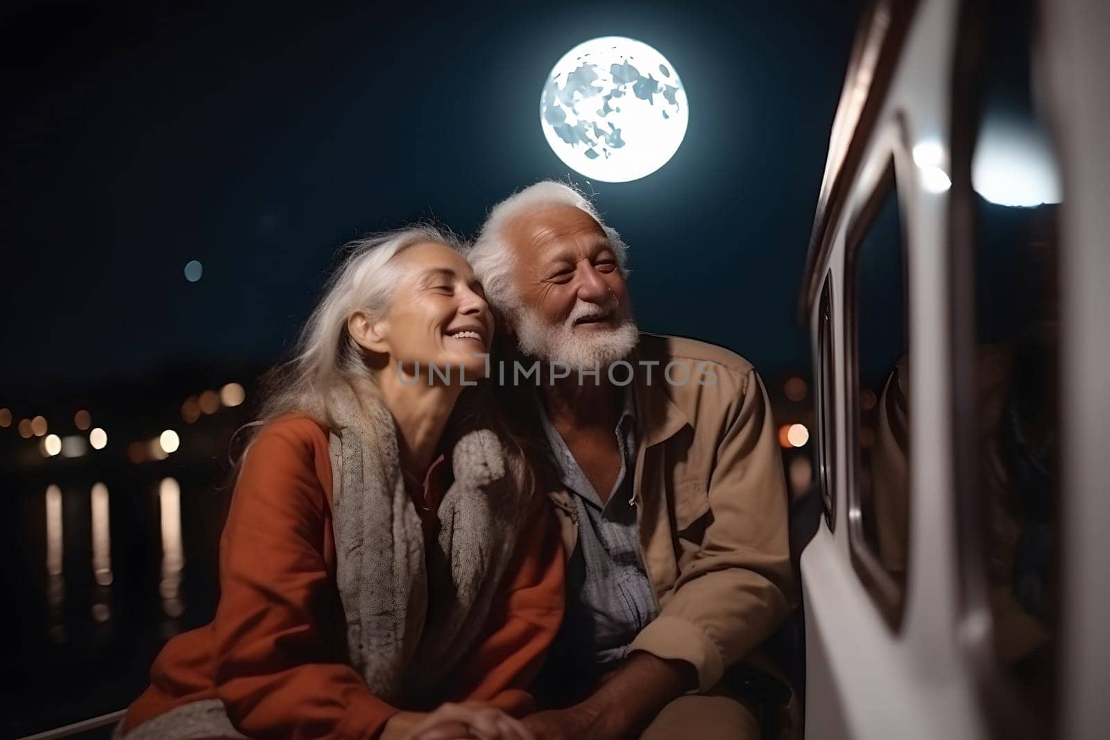 Beautiful and happy senior caucasian couple on a sailboat at night. Neural network generated in May 2023. Not based on any actual person, scene or pattern.