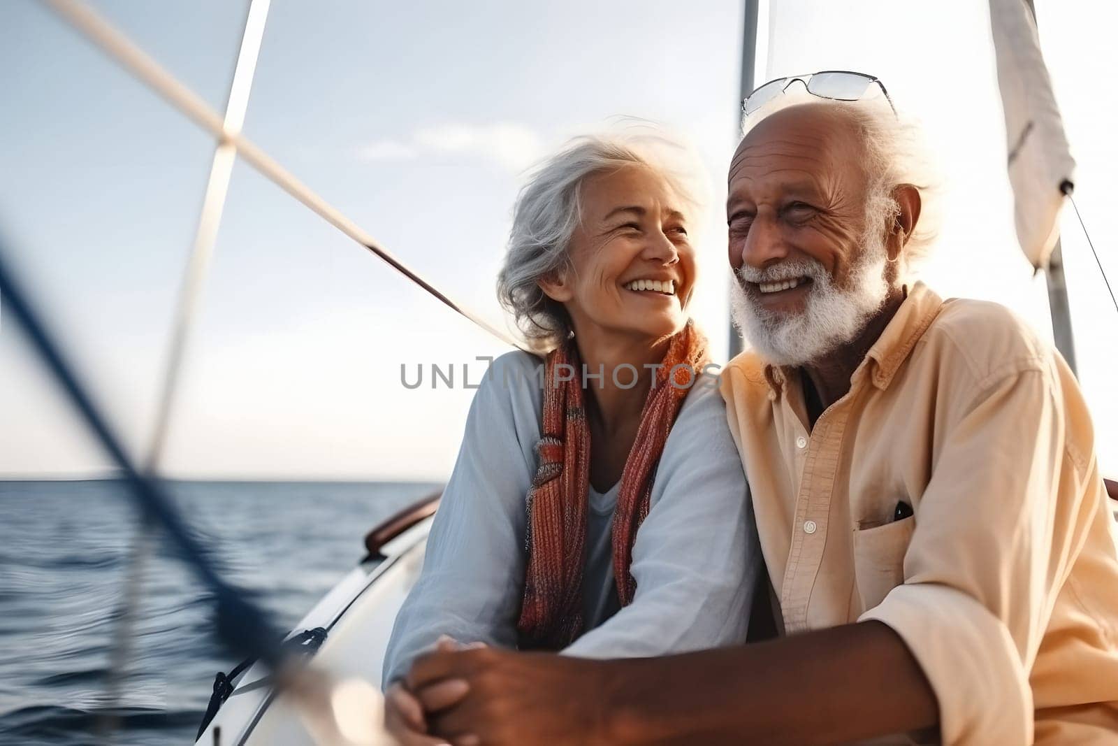 Beautiful and happy senior caucasian couple on a sailboat at sunny day, neural network generated image by z1b