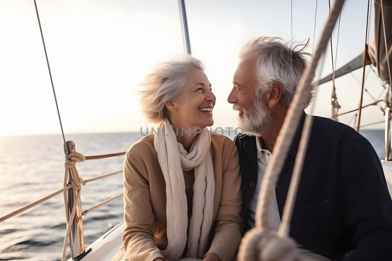 Beautiful and happy senior caucasian couple on a sailboat at sunset or sunrise, neural network generated image by z1b