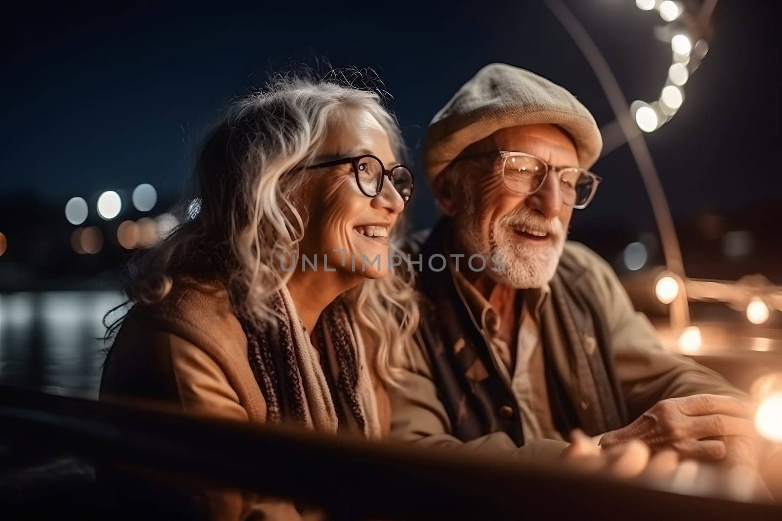 Beautiful and happy senior caucasian couple in glasses on a sailboat at night. Neural network generated in May 2023. Not based on any actual person, scene or pattern.