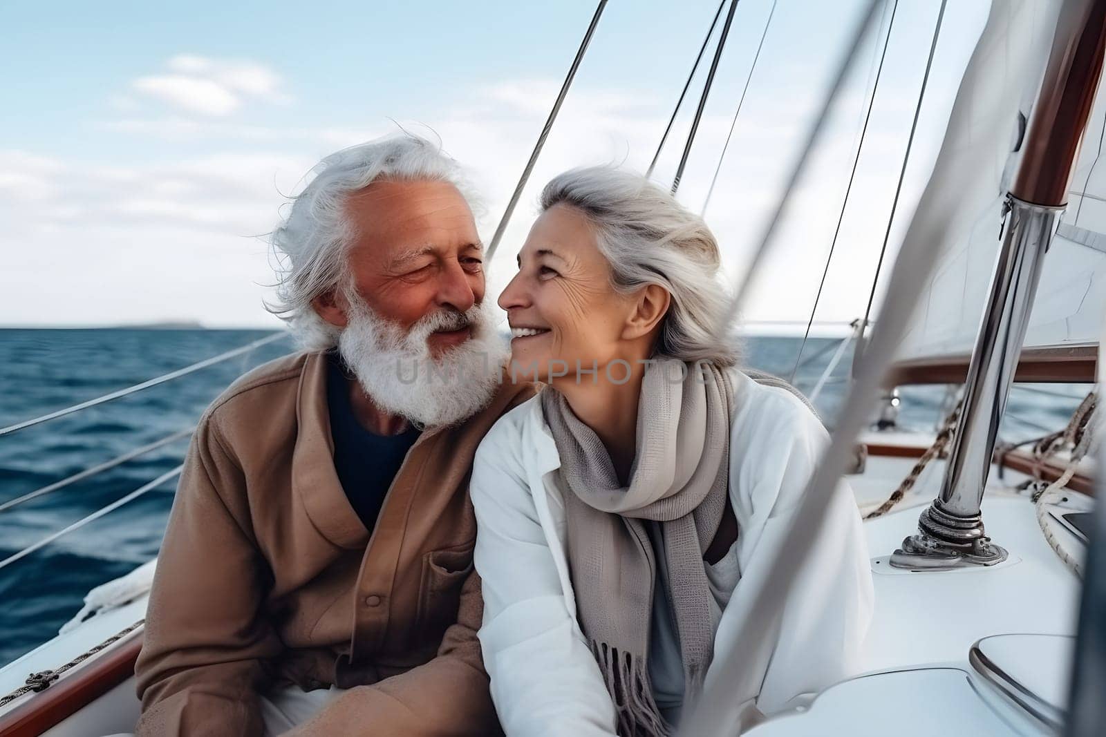 Beautiful and happy senior caucasian couple on a sailboat at sunny day, neural network generated image by z1b