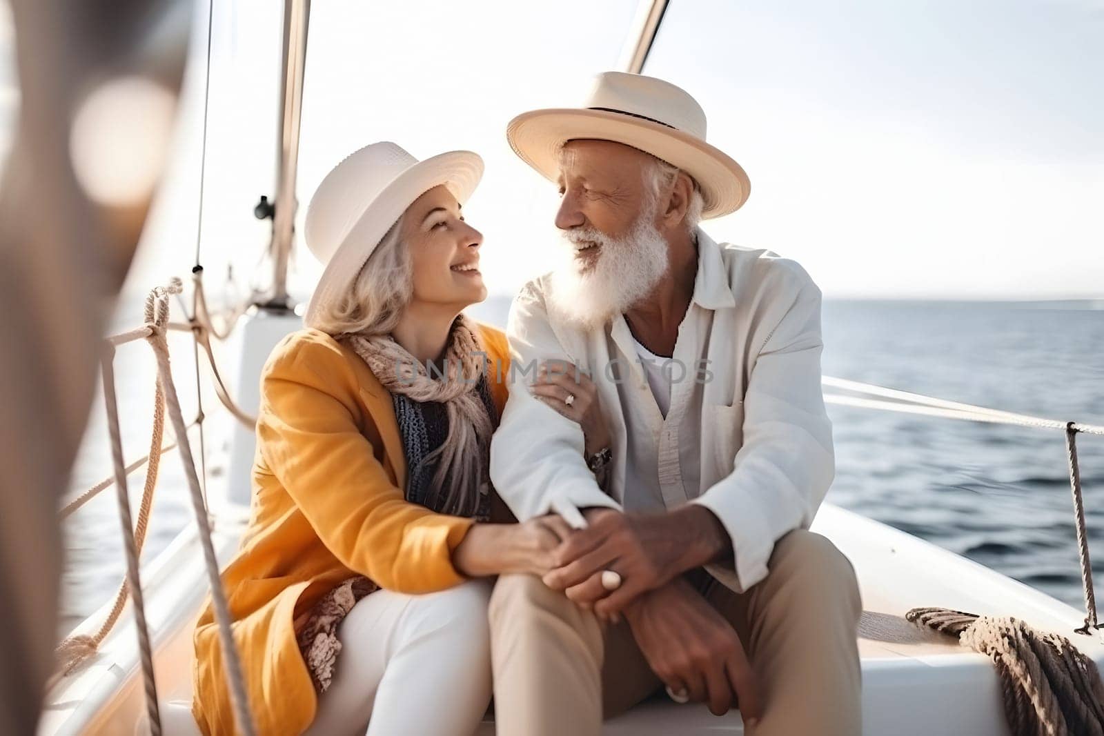 Beautiful and happy senior caucasian couple on a sailboat at sunset or sunrise, neural network generated image by z1b