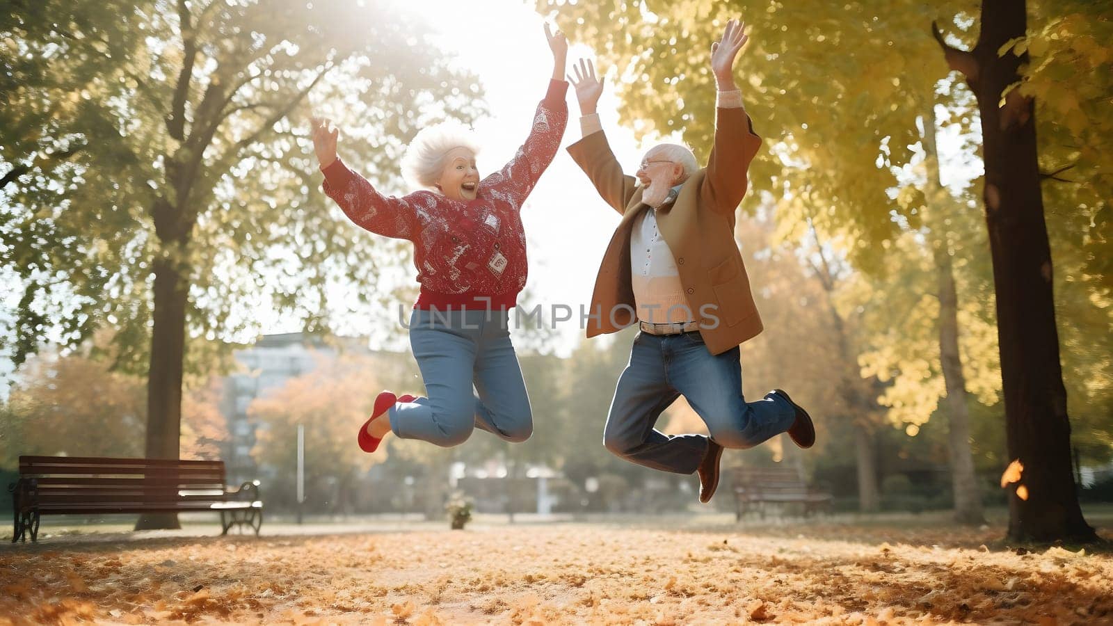 Happy senior couple jumping in the park at autumn day, neural network generated image by z1b