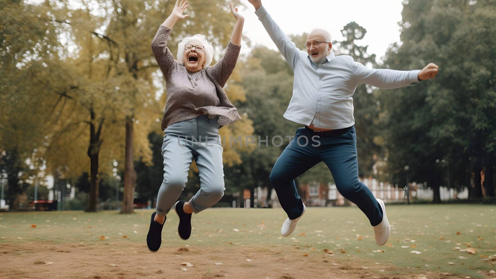 Happy senior couple jumping in the park at autumn day. Neural network generated in May 2023. Not based on any actual person, scene or pattern.